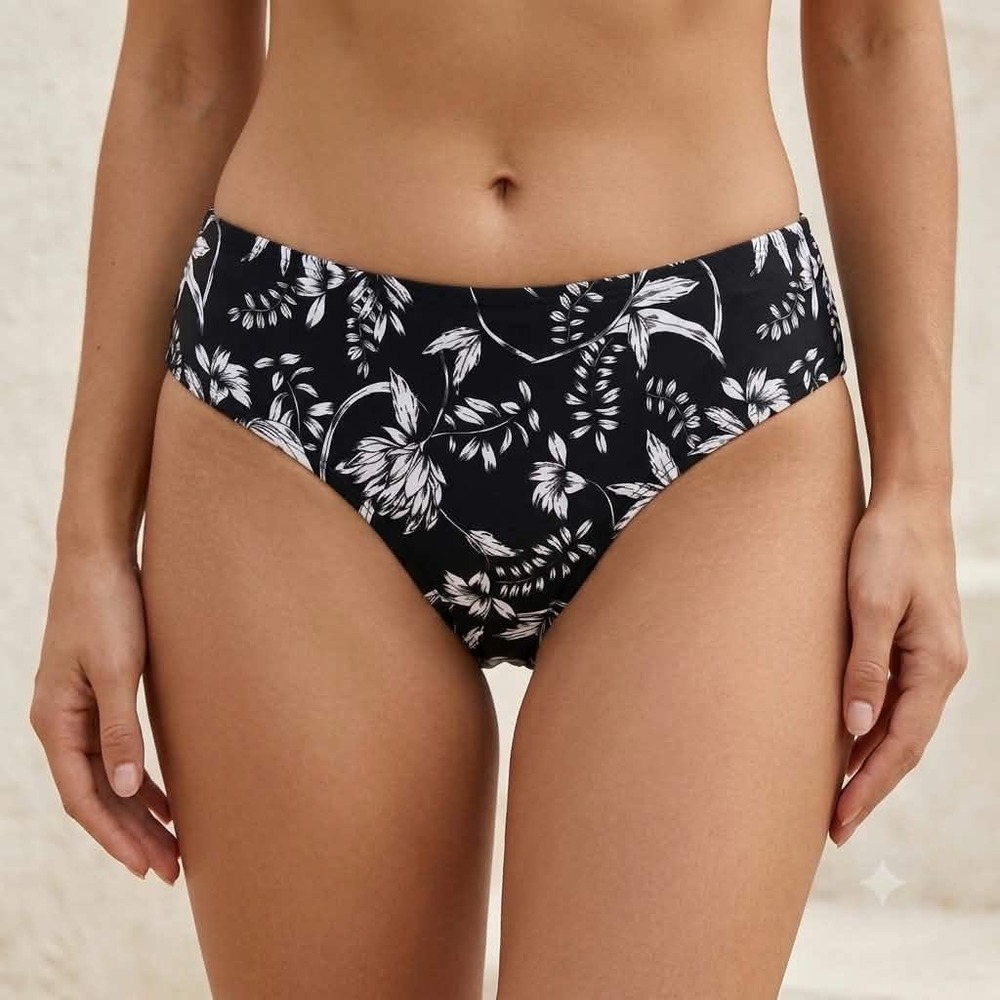 Nip Tuck Swim Bikini Bottoms Womens 12 Black Floral NWOT Mid Rise Swimwear - Picture 1 of 9